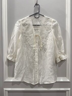NEW SaSa Studio White Lace Trim Peasant Boho Coquette Button Up Blouse S